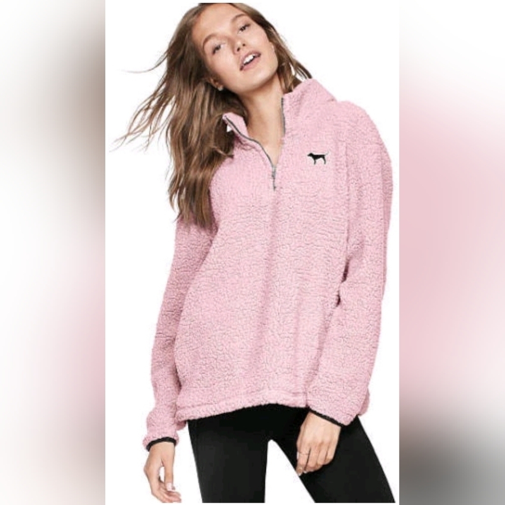 Victoria's Secret PINK Sherpa PINK Quarter Zip Boyfriend Pullover sz L